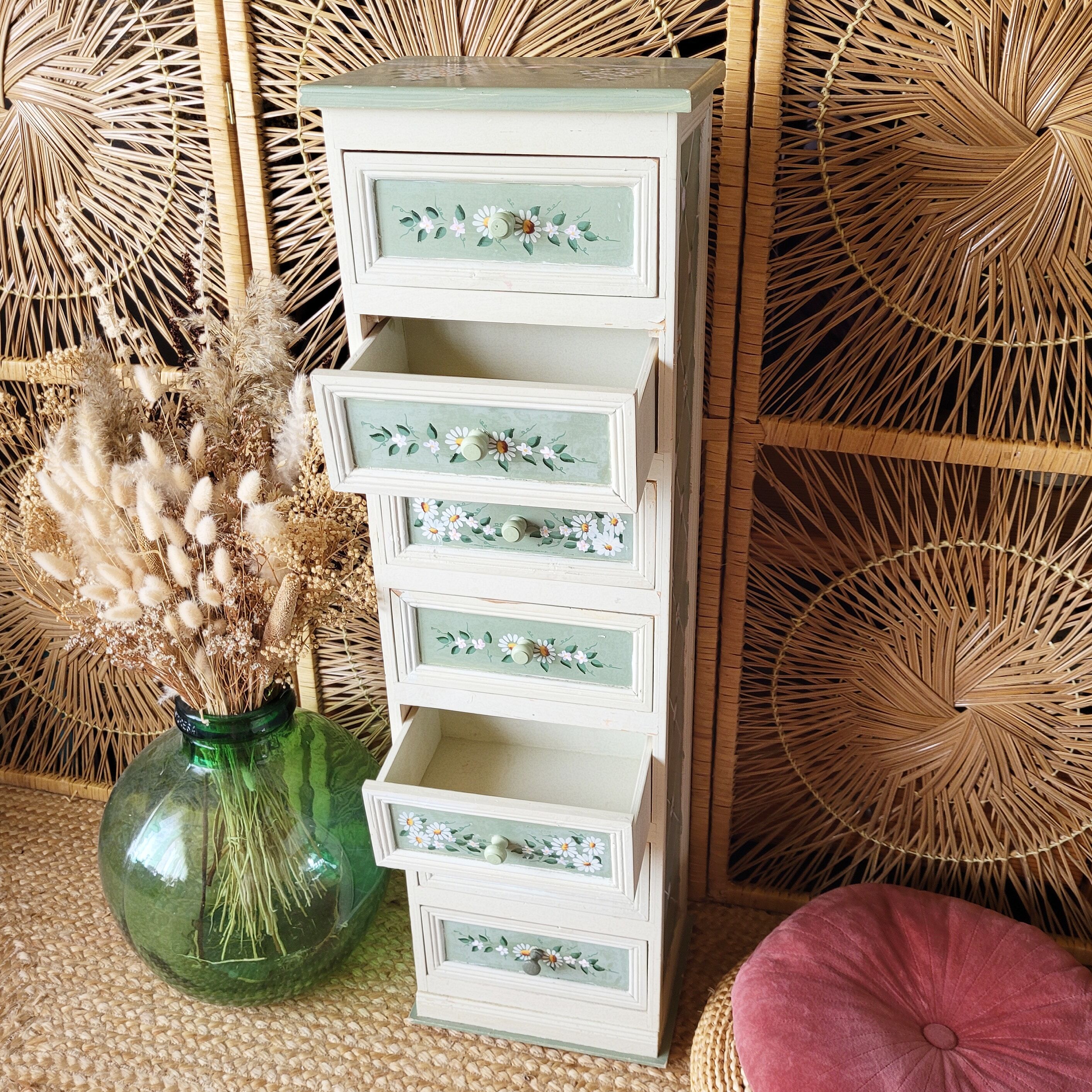 Old wooden furniture painted floral pattern with drawers