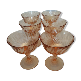 6 vintage pink glass ice cream ups