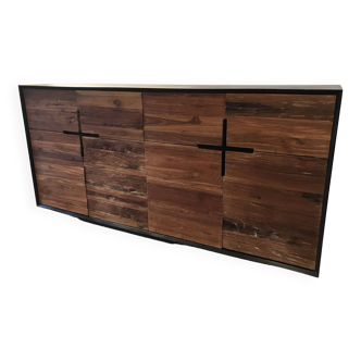Solid recycled teak and black stained mahogany sideboard