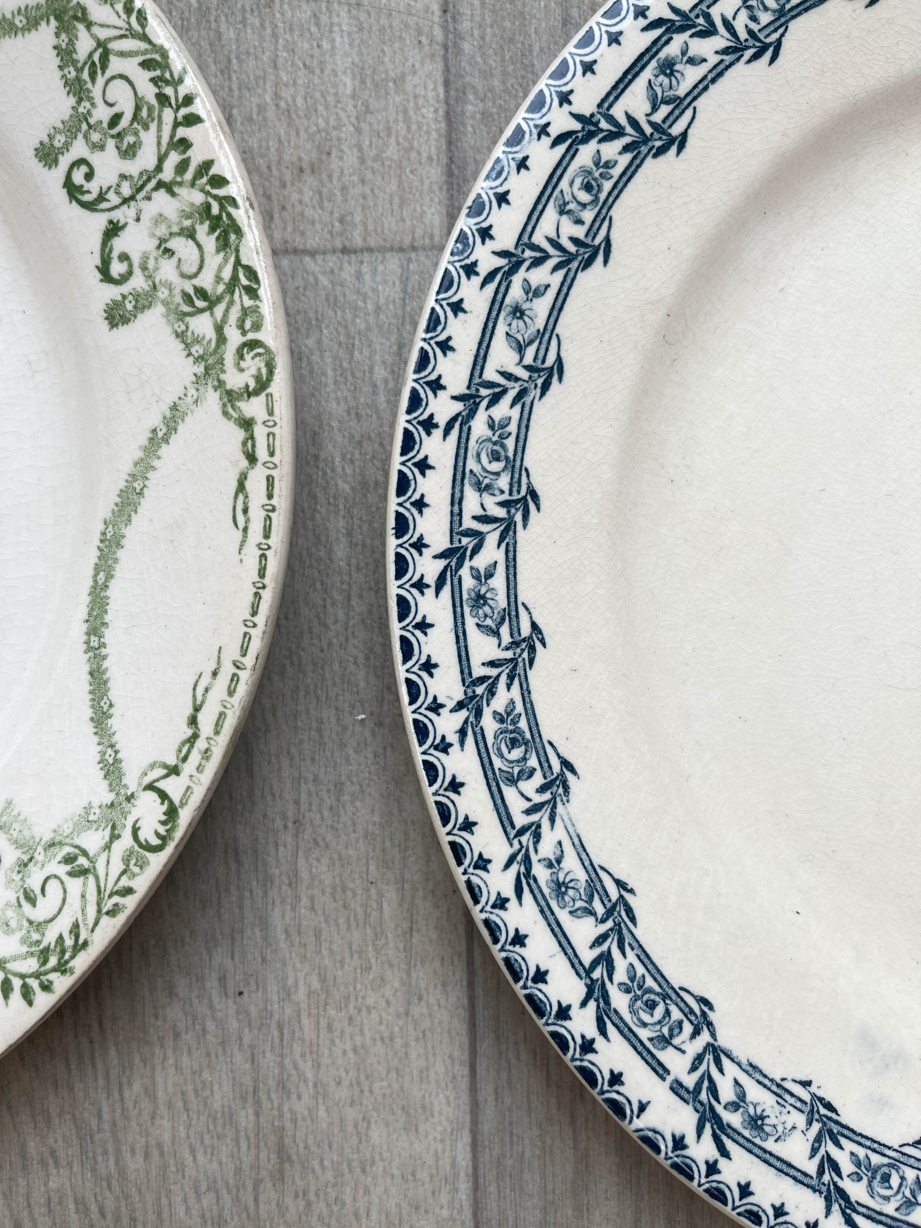 6 green and blue mismatched iron earth plates
