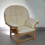 Chaise longue surdimensionnée en rotin/bambou avec coussins d'origine. Années 1970