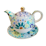 Théière décor géométrique bleu vert doré