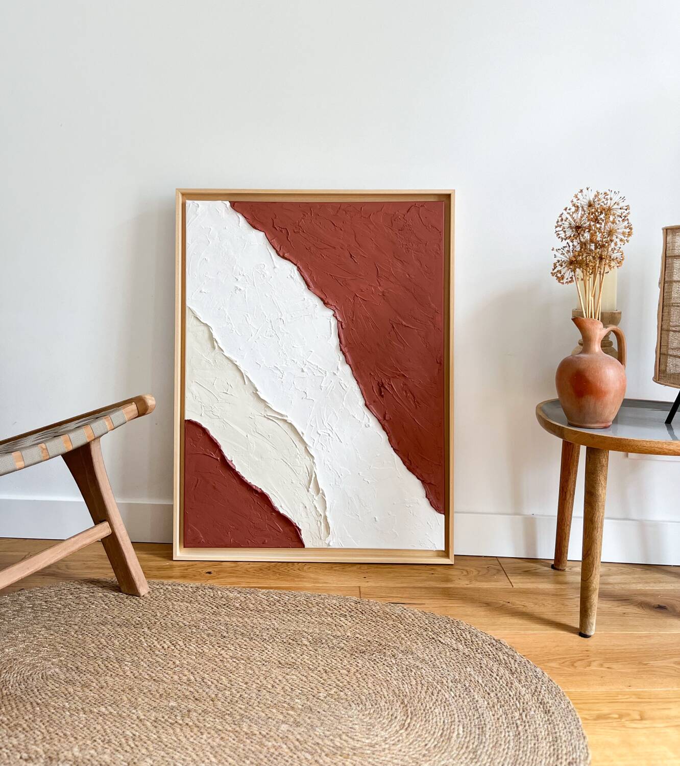 Terra cota relief painting beige and white