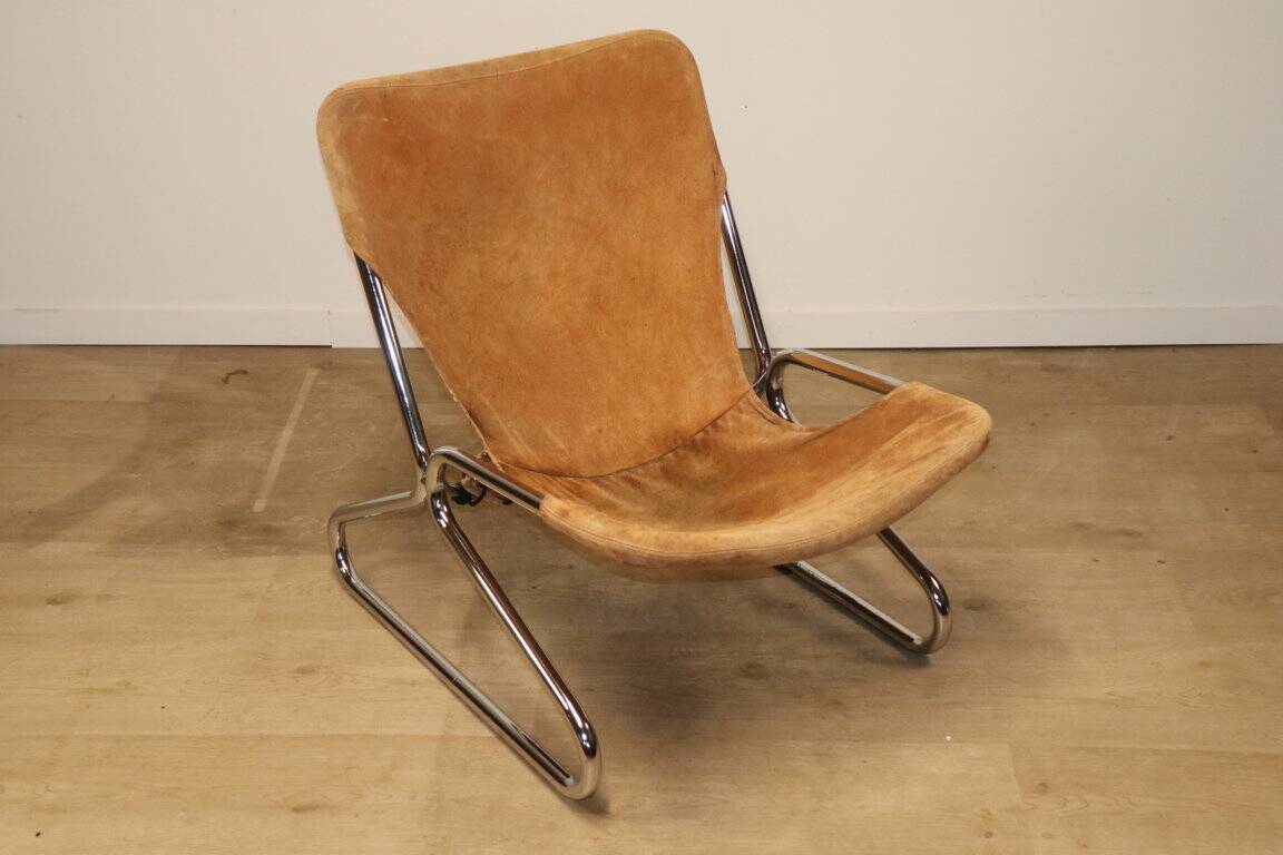 Vintage Suede and Chrome Metal Armchair, 1970s