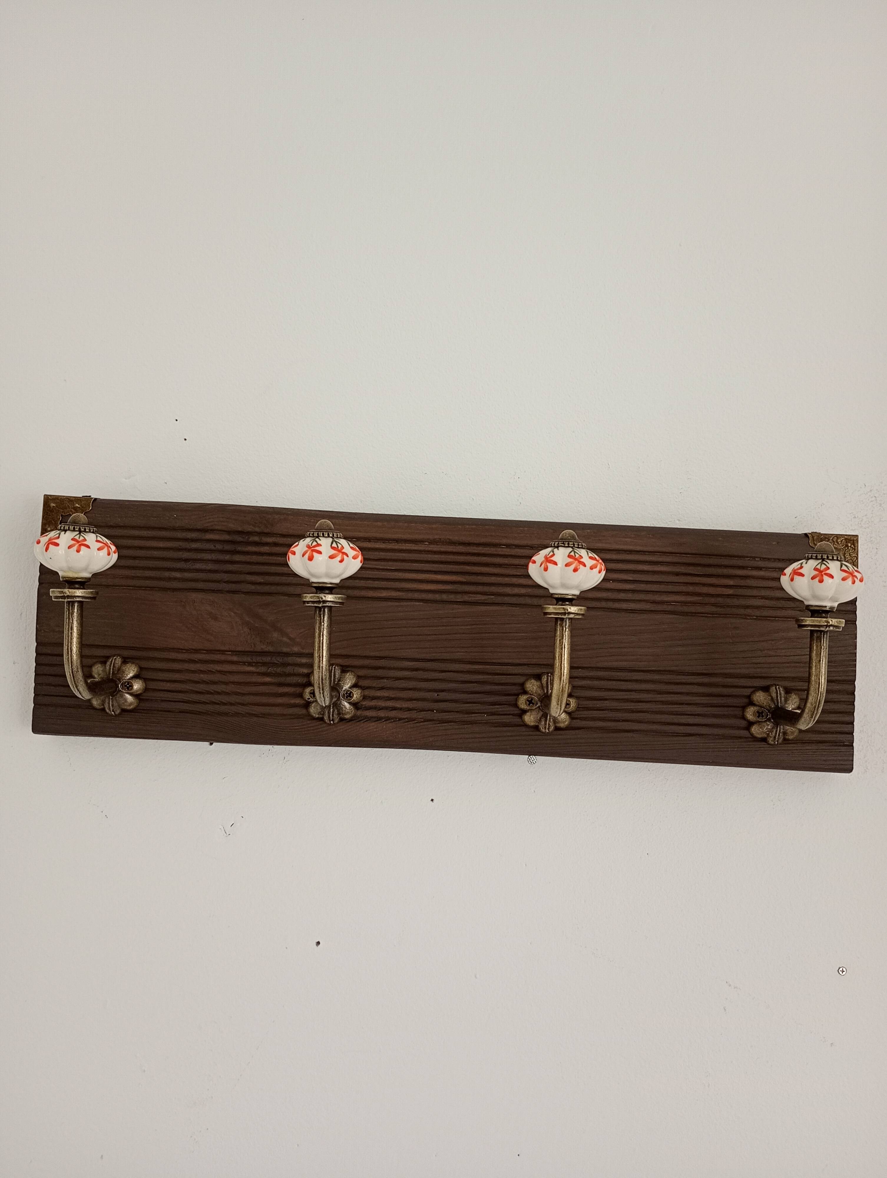 Wall-mounted coat rack wood metal ceramic 40 cm 4 hooks floral patterns