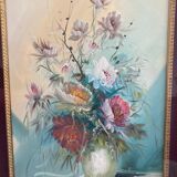 Large HST painting depicting a floral bouquet signed Lina Pont (?)
