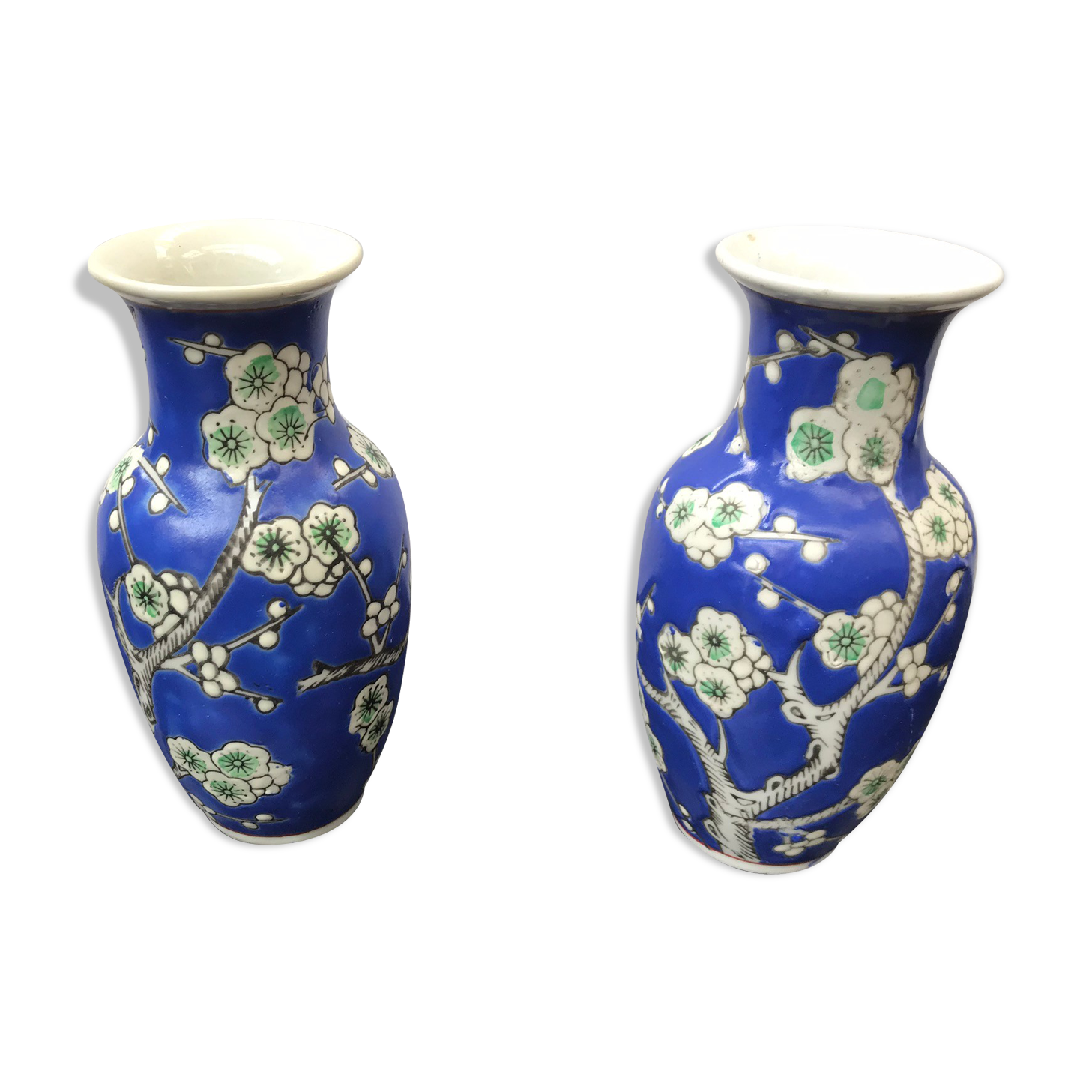 Pair Of Vase Ancient Chinese Ceramics White - Blue Decor Vintage Flowers