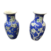 Pair Of Vase Ancient Chinese Ceramics White - Blue Decor Vintage Flowers