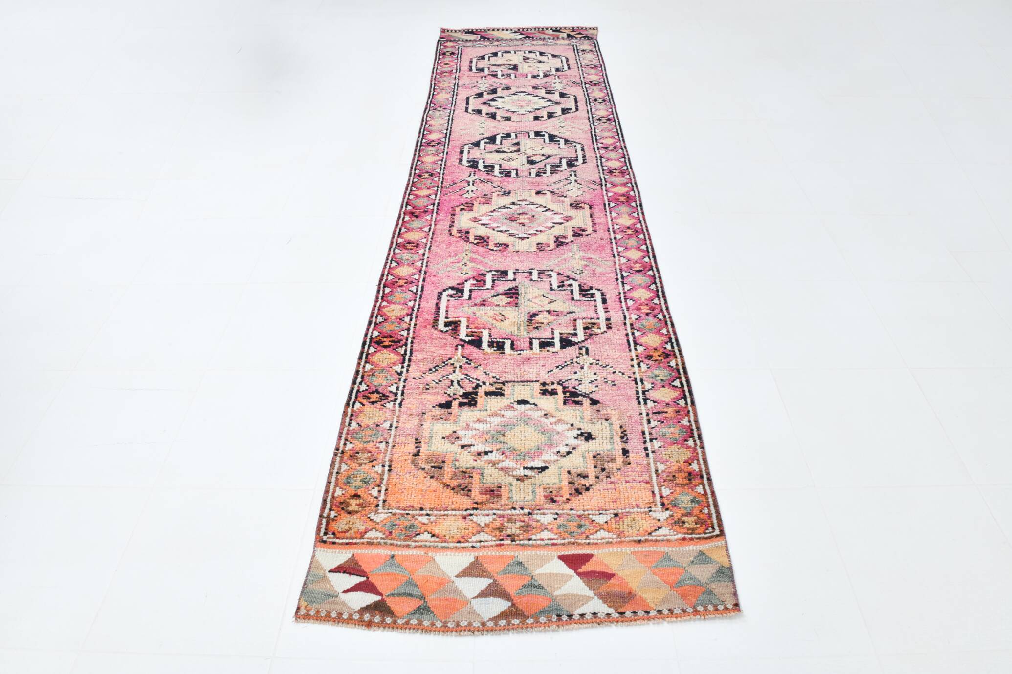 Soft Pink & Orange Rare Style Vintage Runner Rug, 91x359 Cm