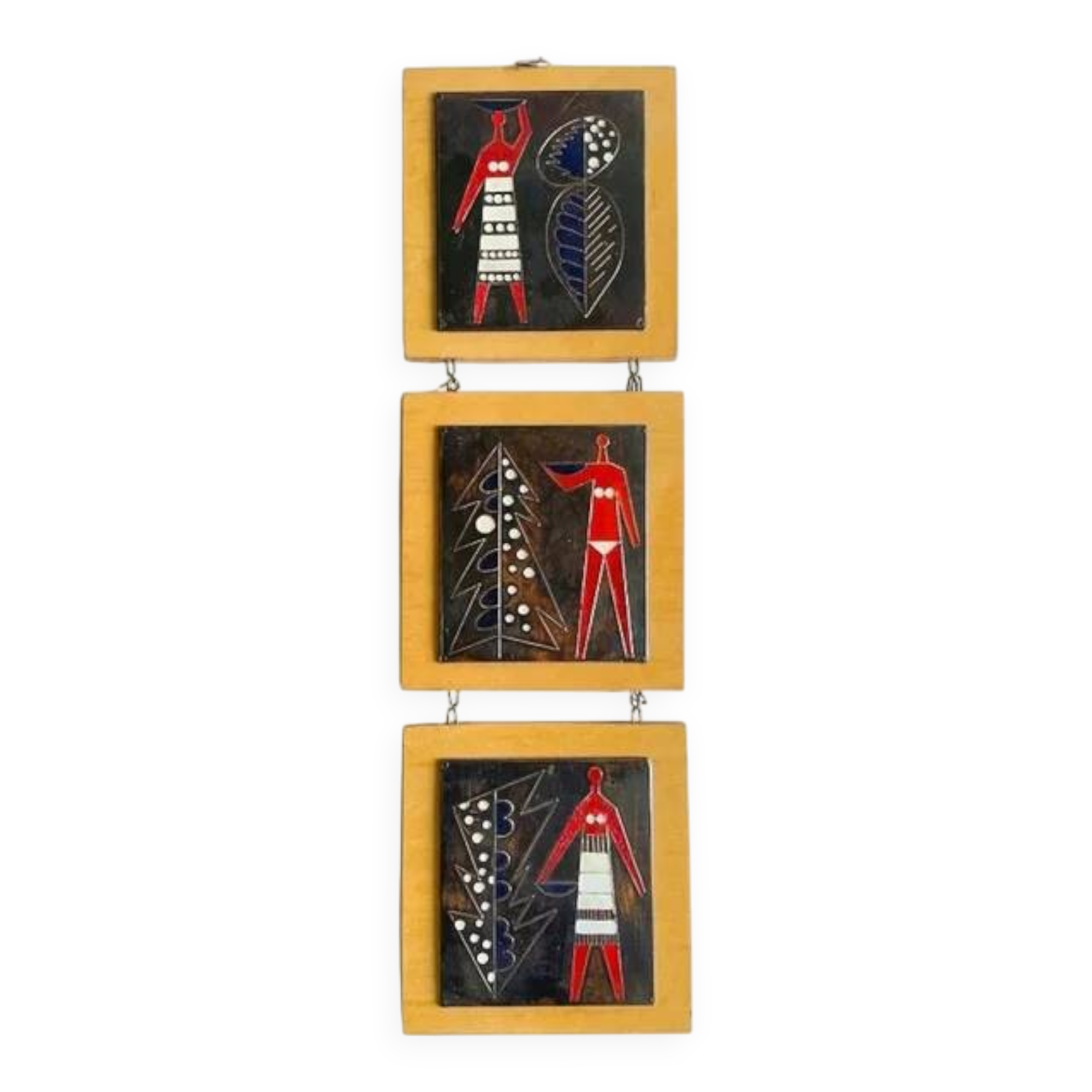 Vintage mid-century three-panel enamel figurative wall art