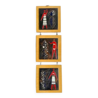 Vintage mid-century three-panel enamel figurative wall art