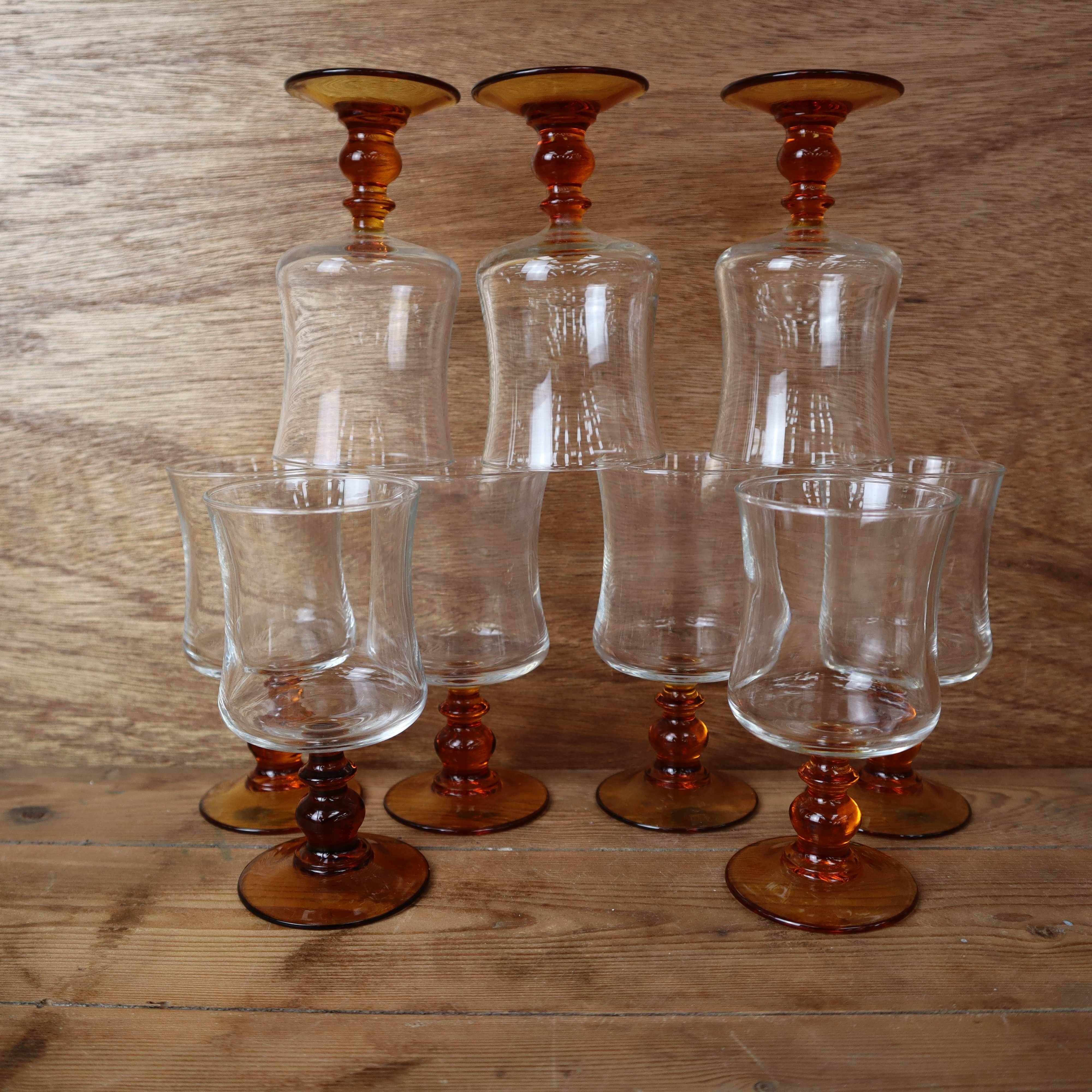 9 Luminarc "Antique" amber-stemmed red wine glasses