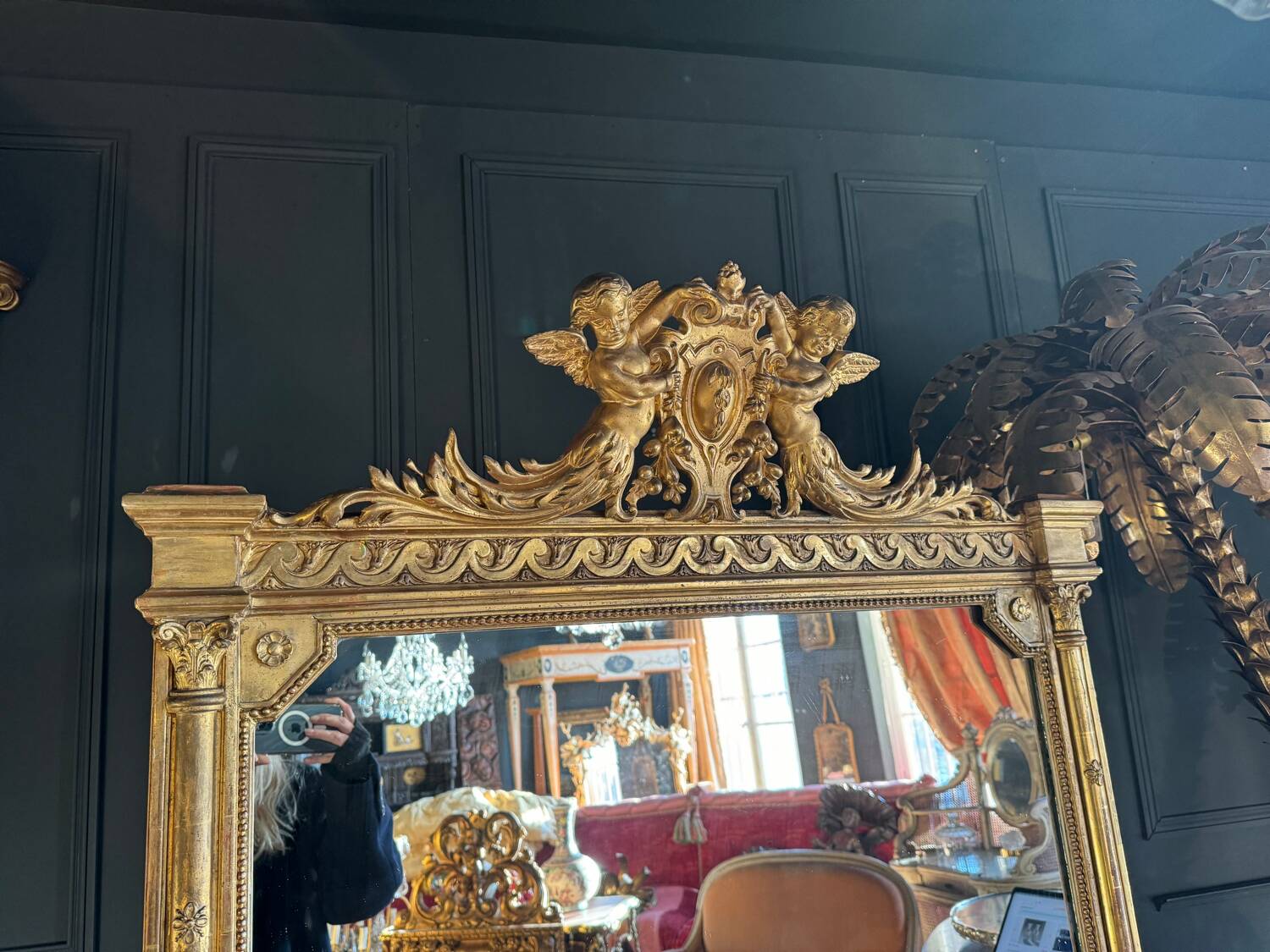 Napoleon iii period fireplace mirror in golden wood with putti decor - 19th century