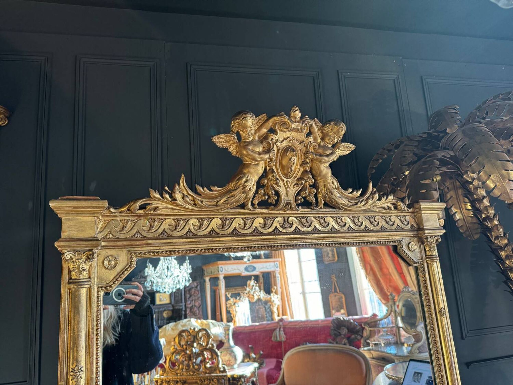 Napoleon iii period fireplace mirror in golden wood with putti decor - 19th century
