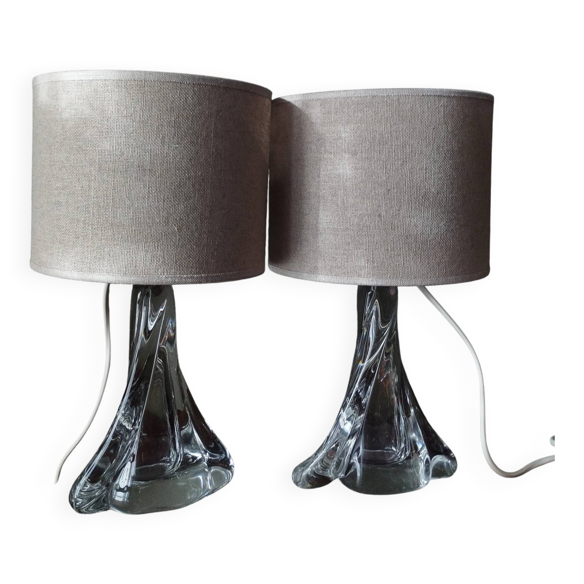Pair of table lamps - Twisted transparent glass bases from the 1950s - Hemp shades