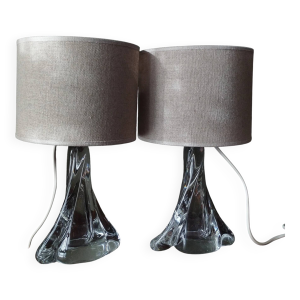 Paire de lampe de table - Pieds en verre transparent torsadé années 1950 - Abat-jours chanvre