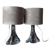 Paire de lampe de table - Pieds en verre transparent torsadé années 1950 - Abat-jours chanvre