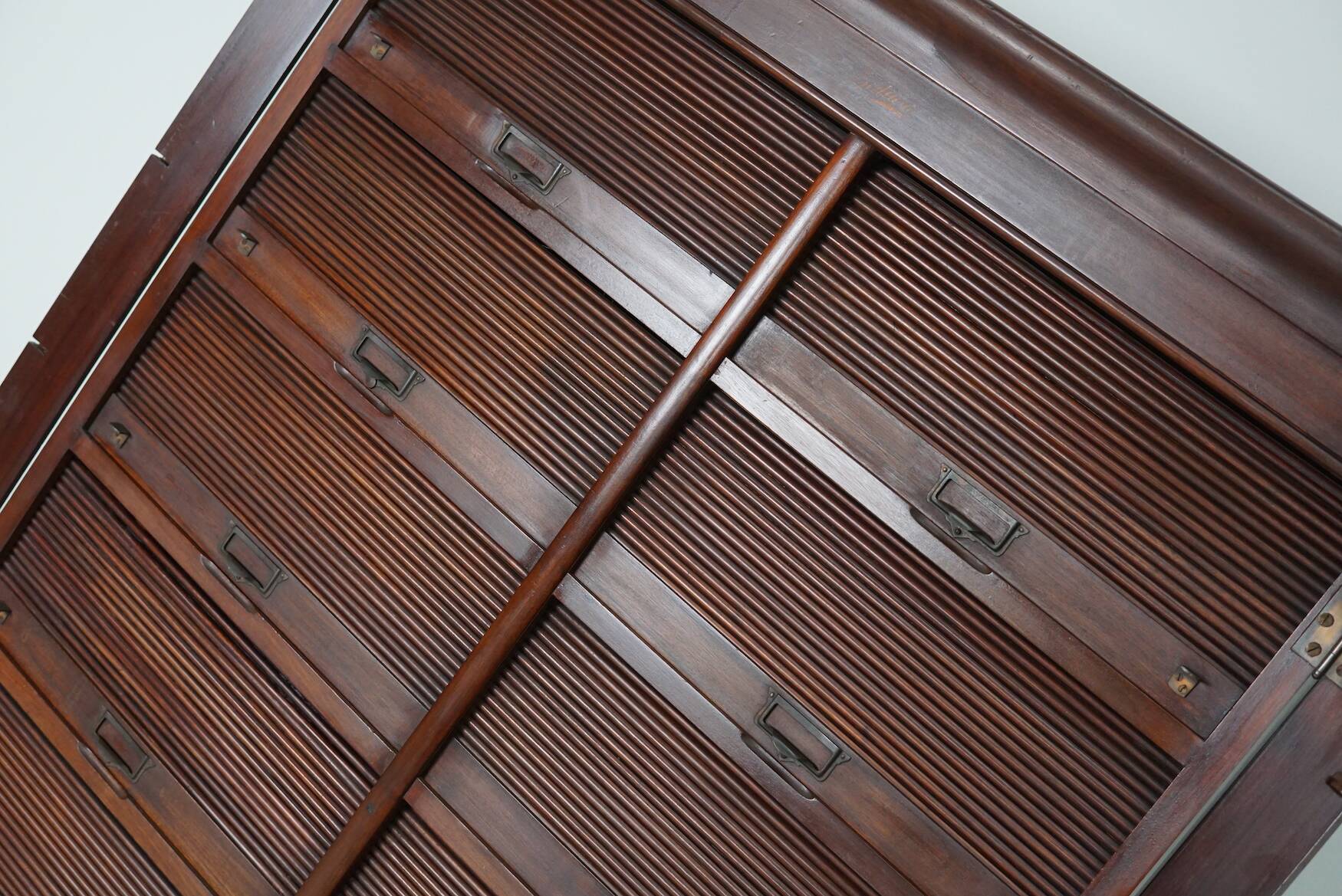 Antique mahogany filing cabinet with drop-down tambour doors, USA circa 1920