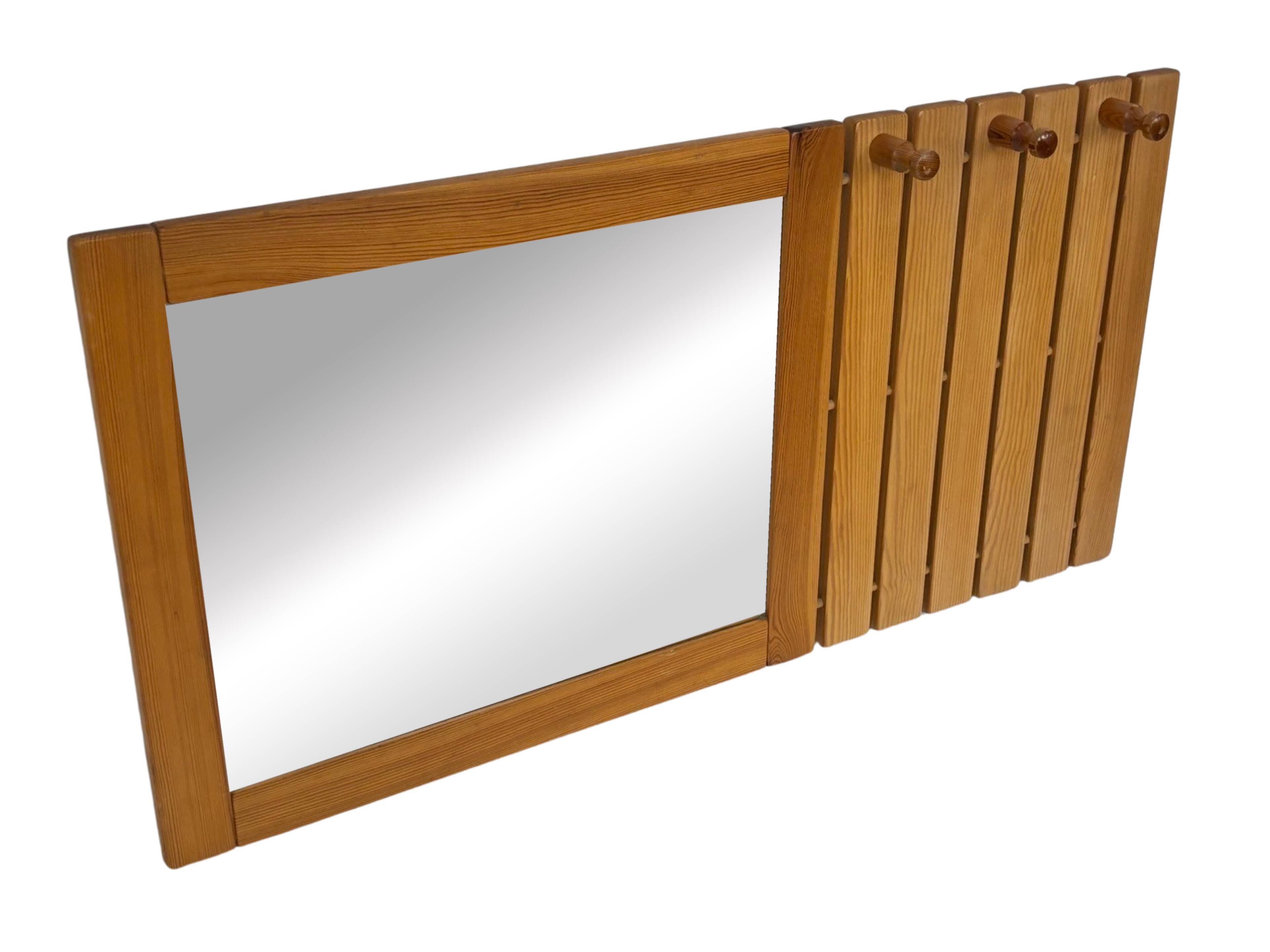 Vintage Pine Pinewood coat rack with mirror - 1970s design
