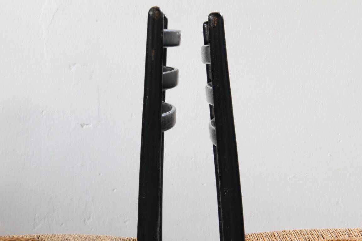 Vintage set of 8 Italian papercord black dining chairs, woven seat, 1950s