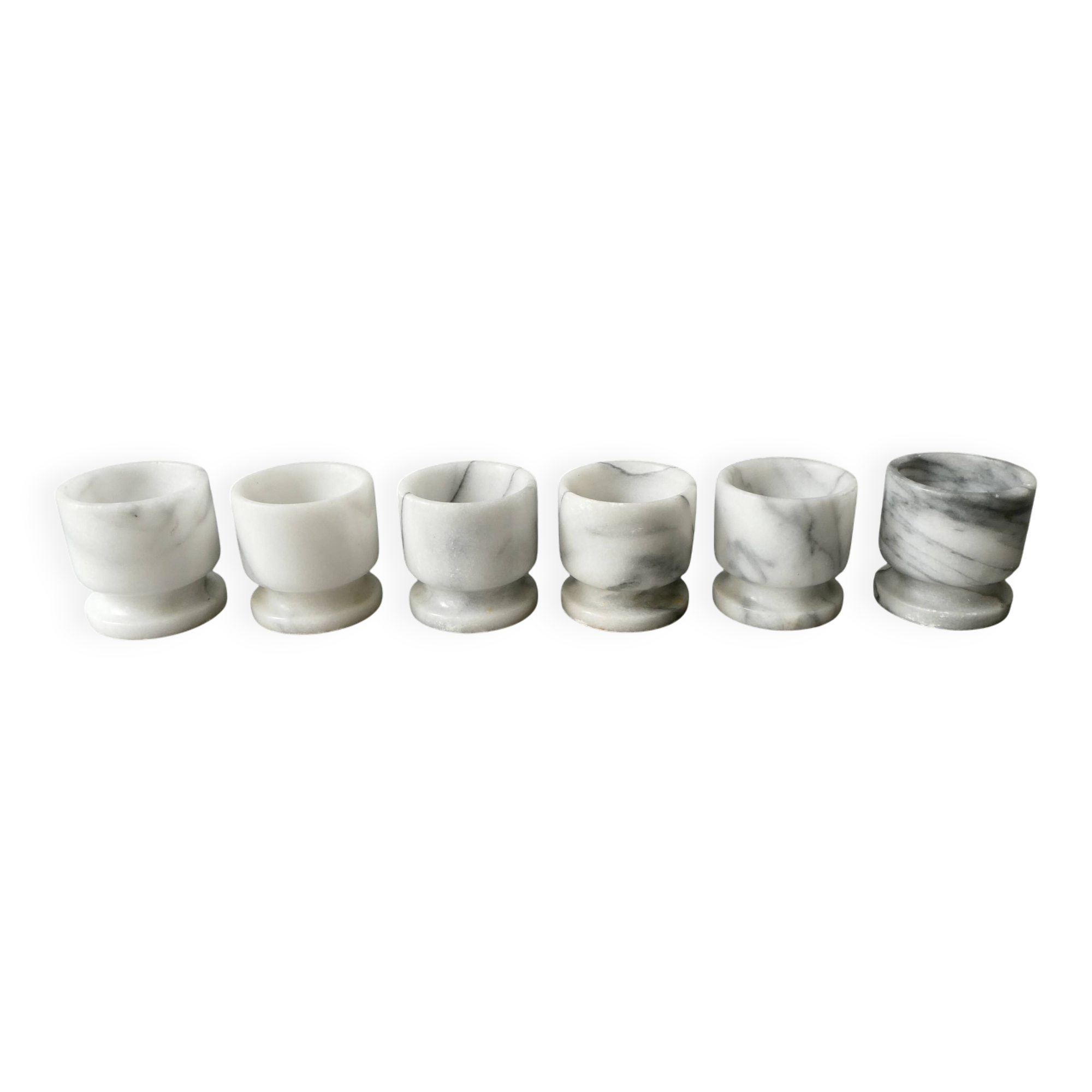 6 egg cups in white marble with gray veins, 1970s