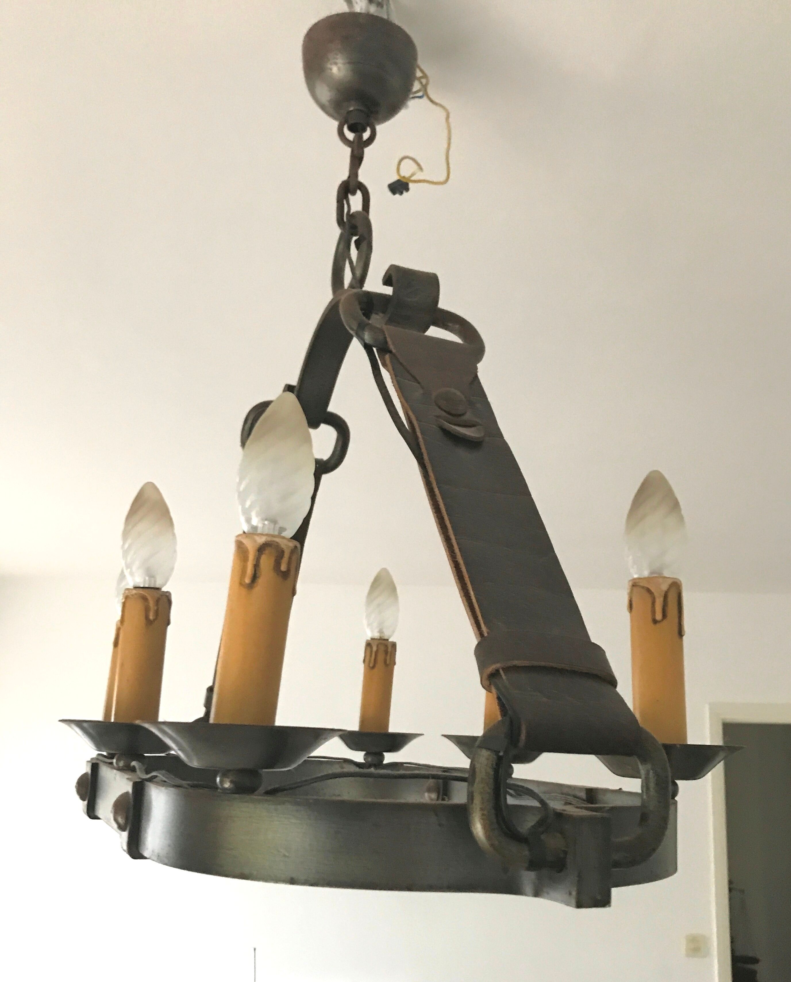 Lustre vintage métal et cuir