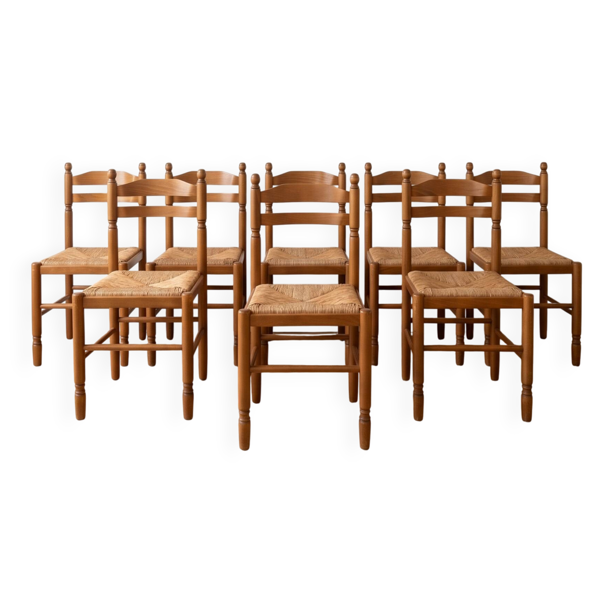 Set of 8 vintage wooden chairs with rush seats.