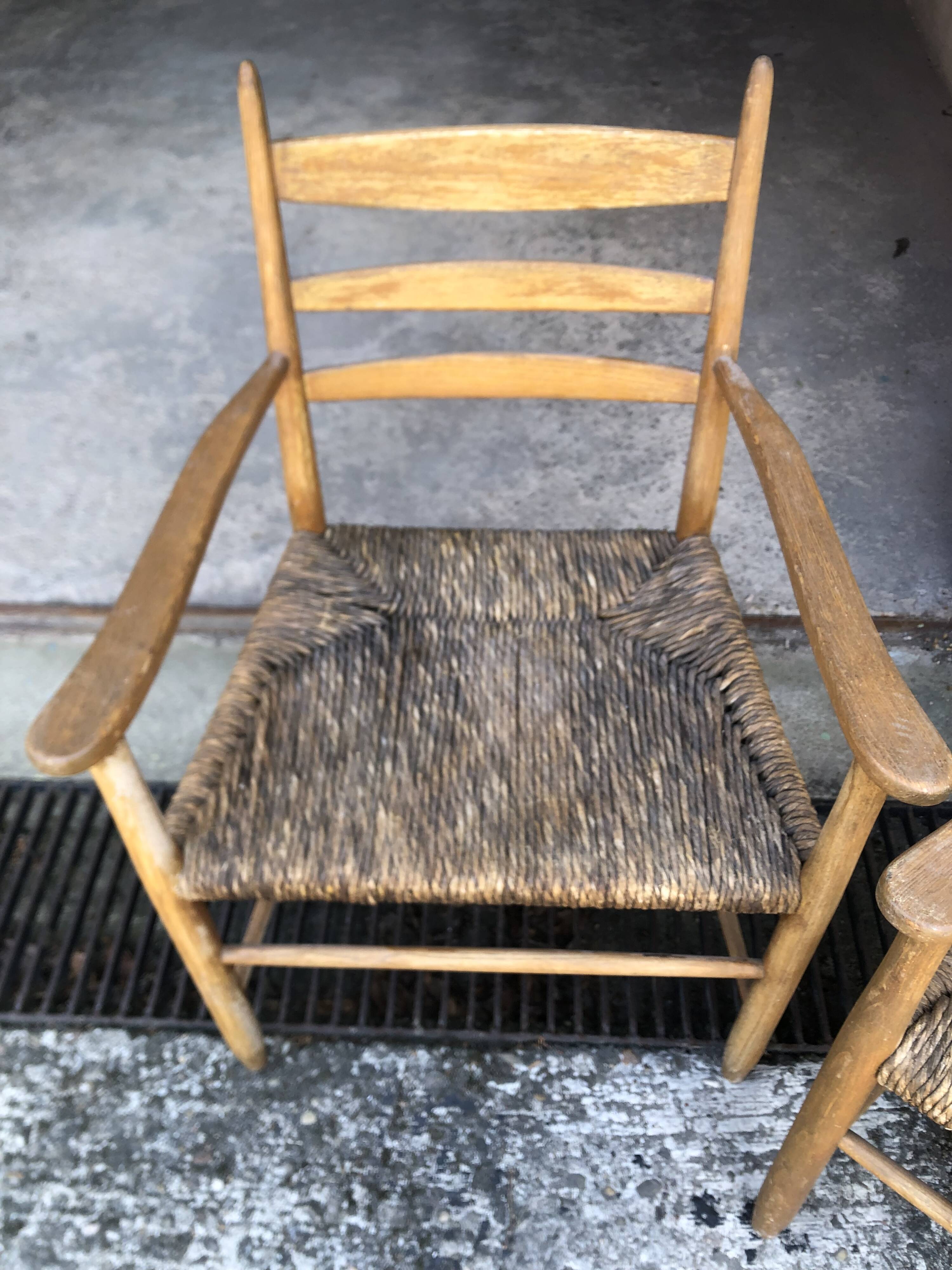 Fauteuils bois clair corde paille vintage Années 60