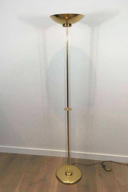 Designer floor lamp in gilded brass and plexiglass