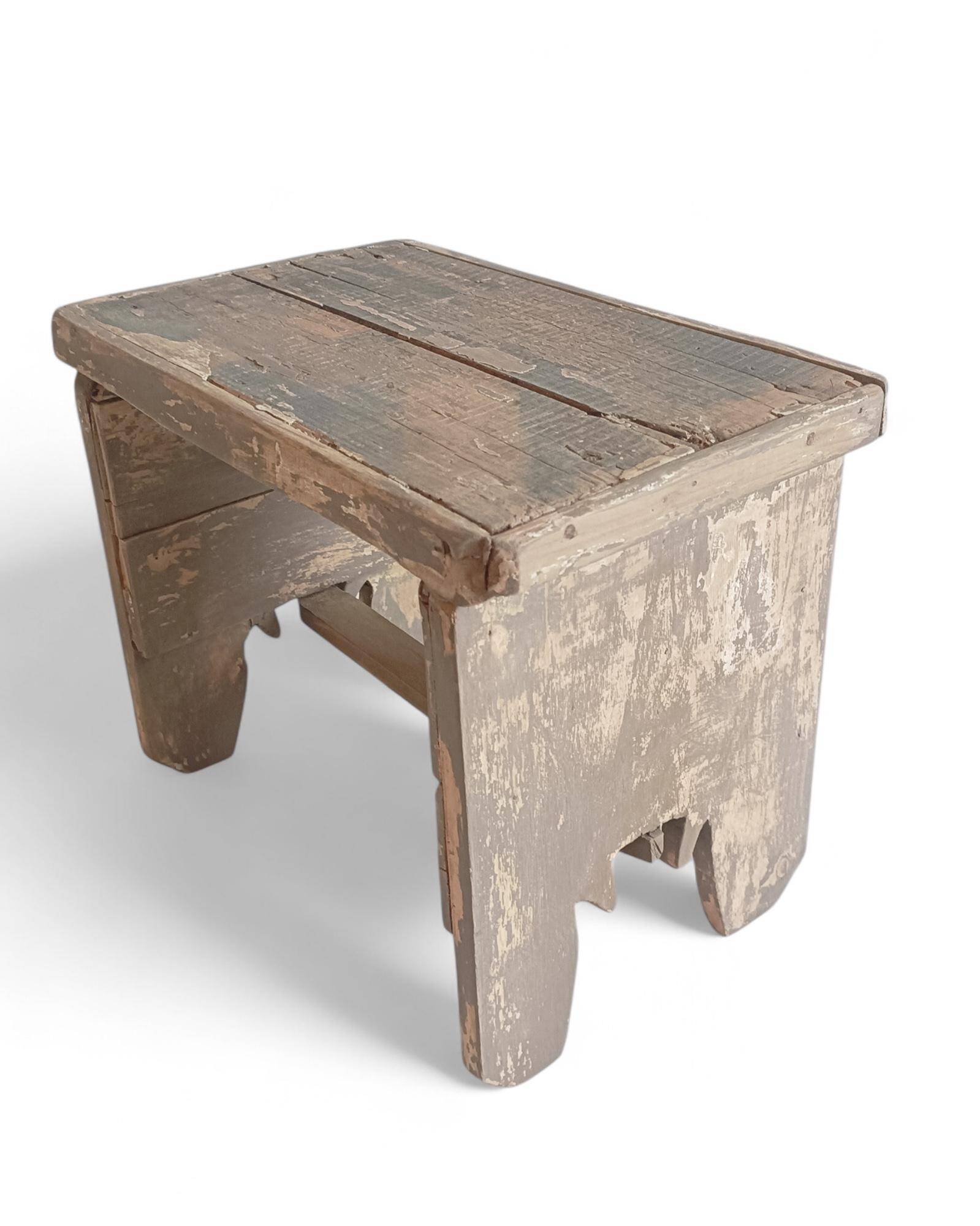 Rustic Weathered Wood Farm Stool/ Accent Table, Spain,  Early 20th-C