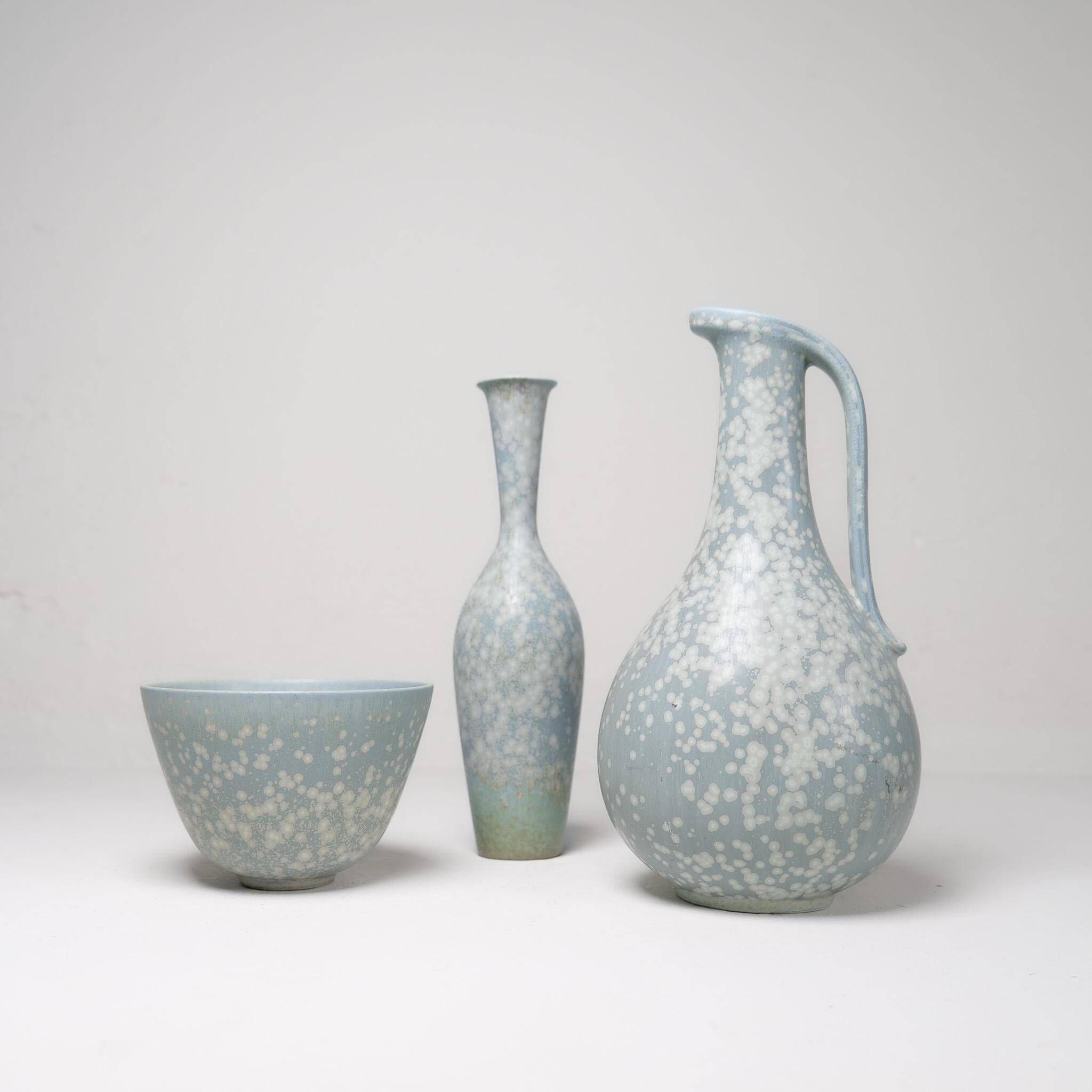 Mid-century modern three-piece ceramic set by Rörstrand, Gunnar Nylund, Sweden, 1950s.