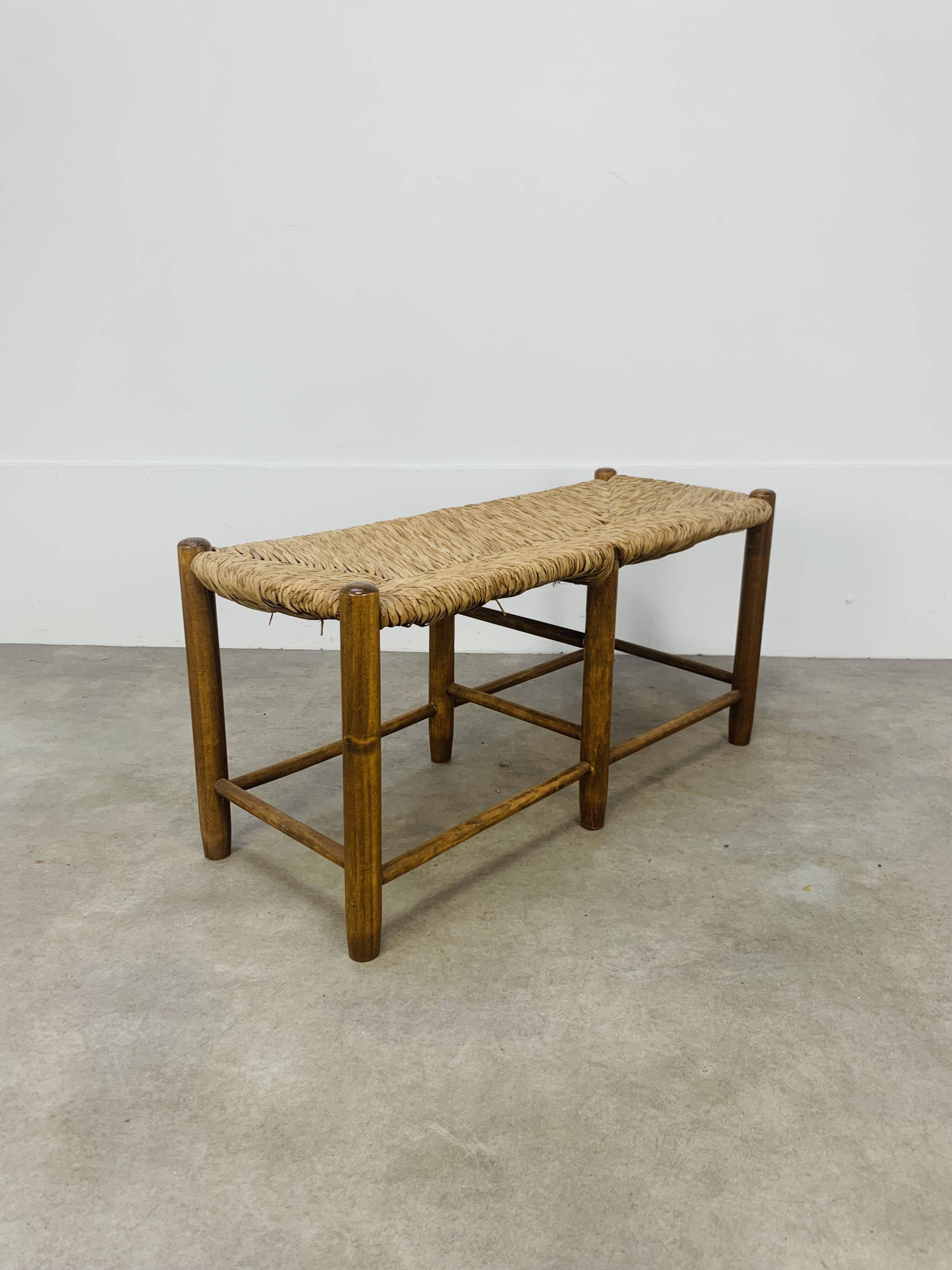 Vintage straw and wood bench, 1960s, country/mountain style