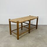Vintage straw and wood bench, 1960s, country/mountain style