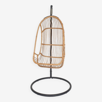 Vintage egg shaped bamboo hanging chair on metal base, 1960's