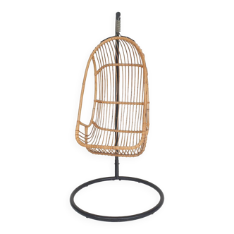 Vintage egg shaped bamboo hanging chair on metal base, 1960's