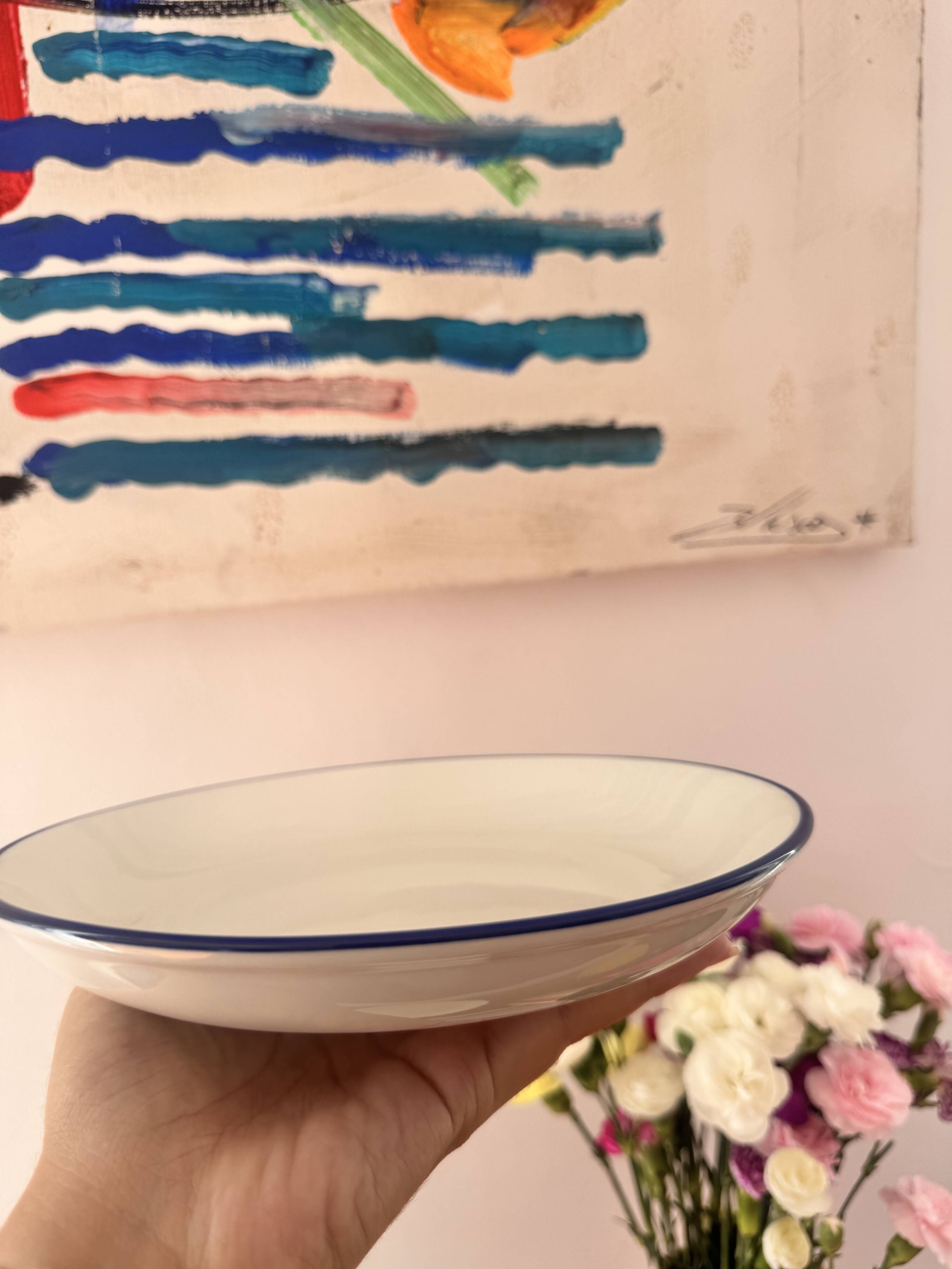 Set of 4 Deep Dessert Plates – White & Blue Rim