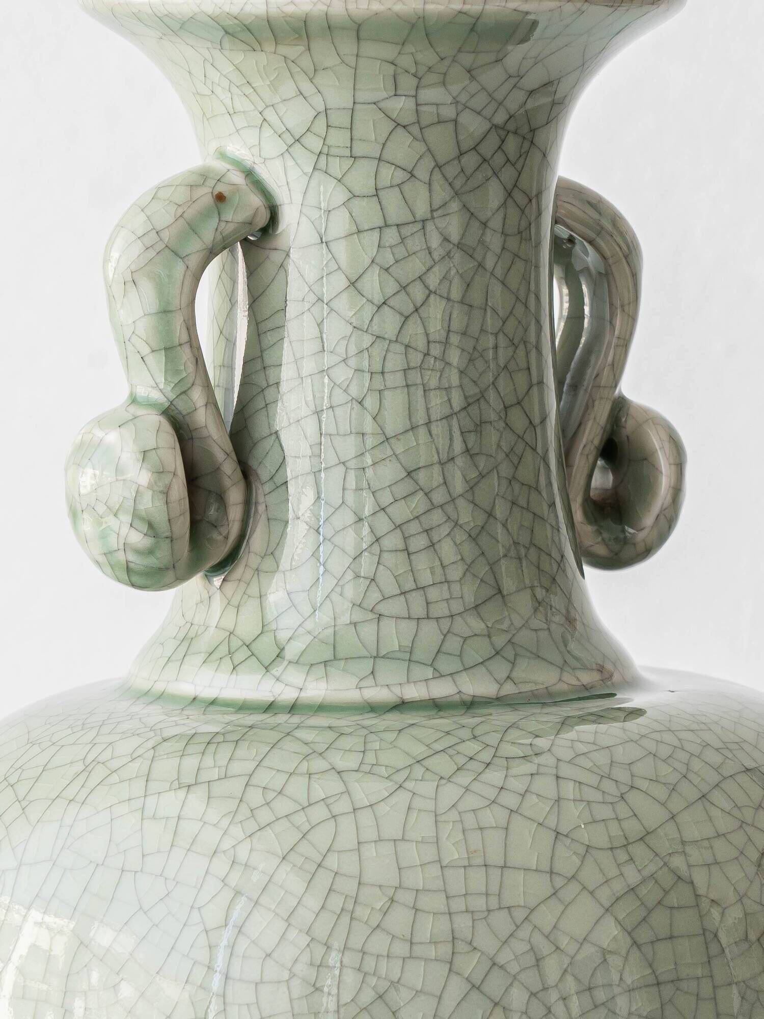 Celadon Crackle Glaze Porcelain Table Lamp in Chinese Style with Scroll Handles