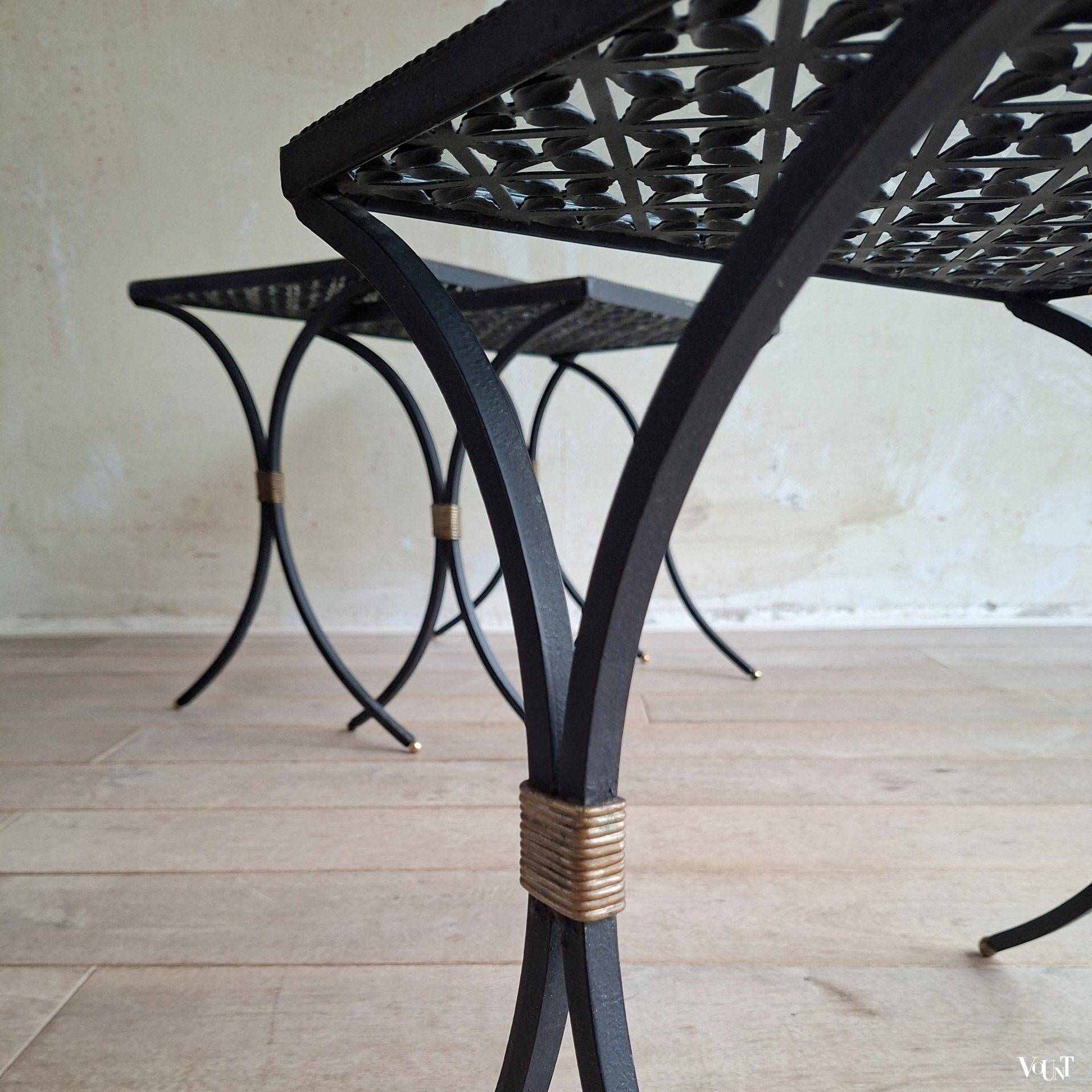 Set of 3 black wrought iron side tables with gold-coloured accents, 1950s