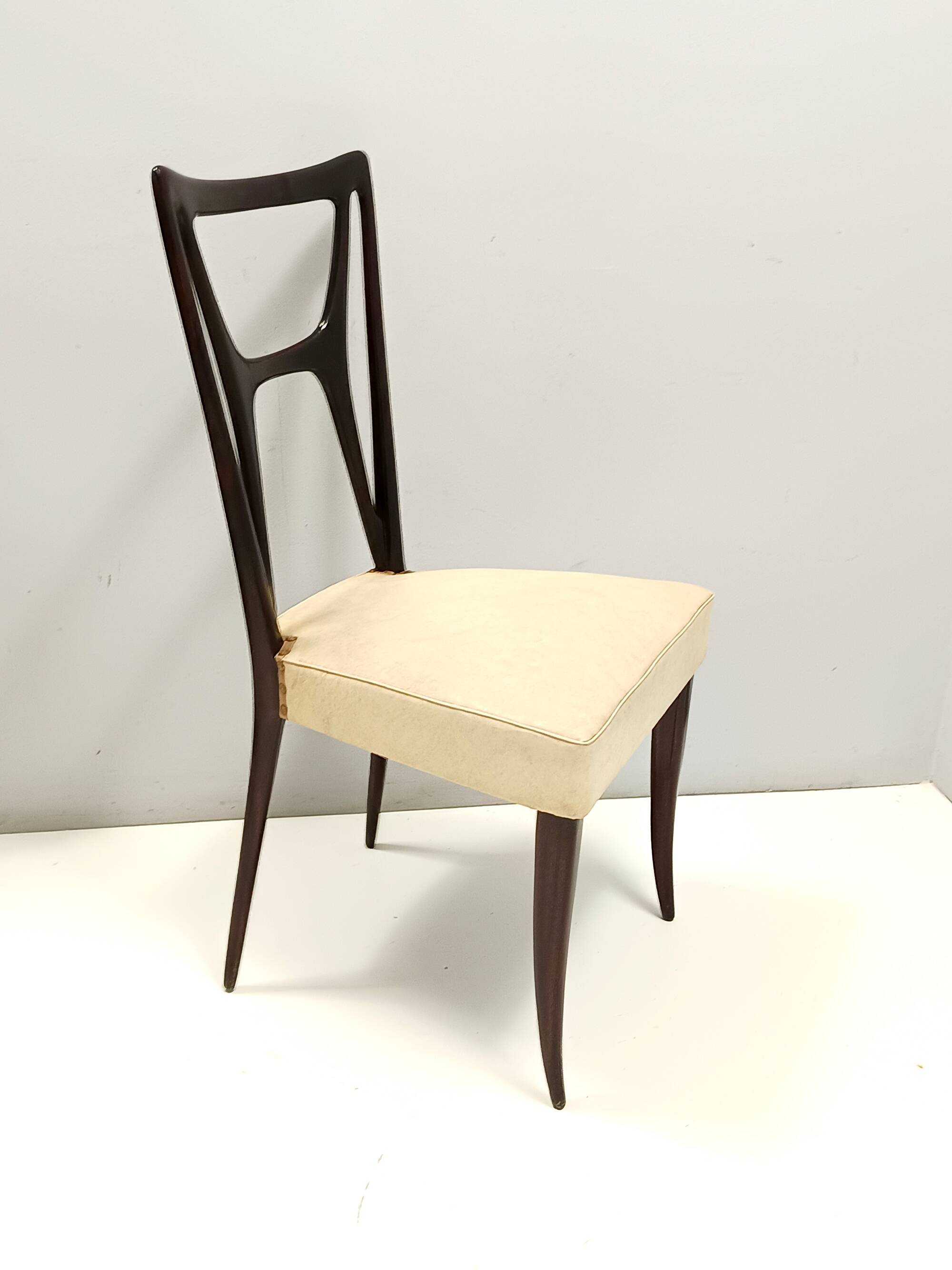 Set of Six Ebonized Beech Dining Chairs with Ivory Skai Upholstery, Italy