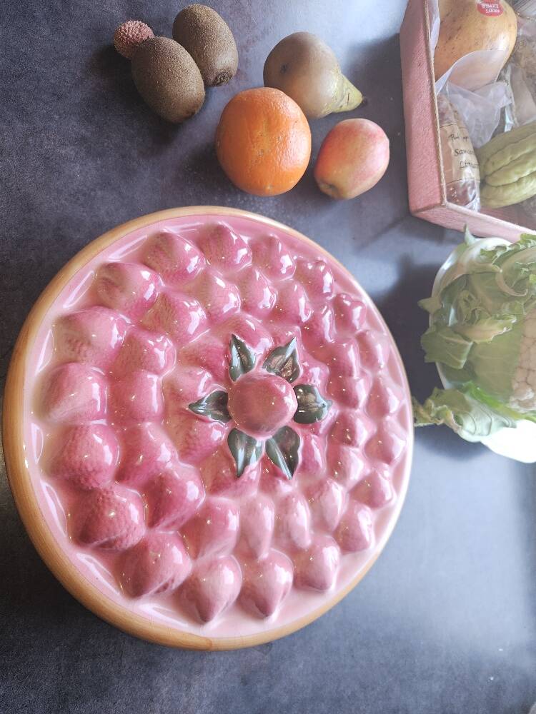 Vintage dessert plate in glazed ceramic with strawberry design, 1950s-1970s.