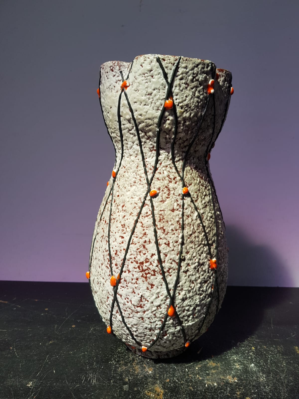 Ancient ceramic vase grey decor black, orange interior vintage green