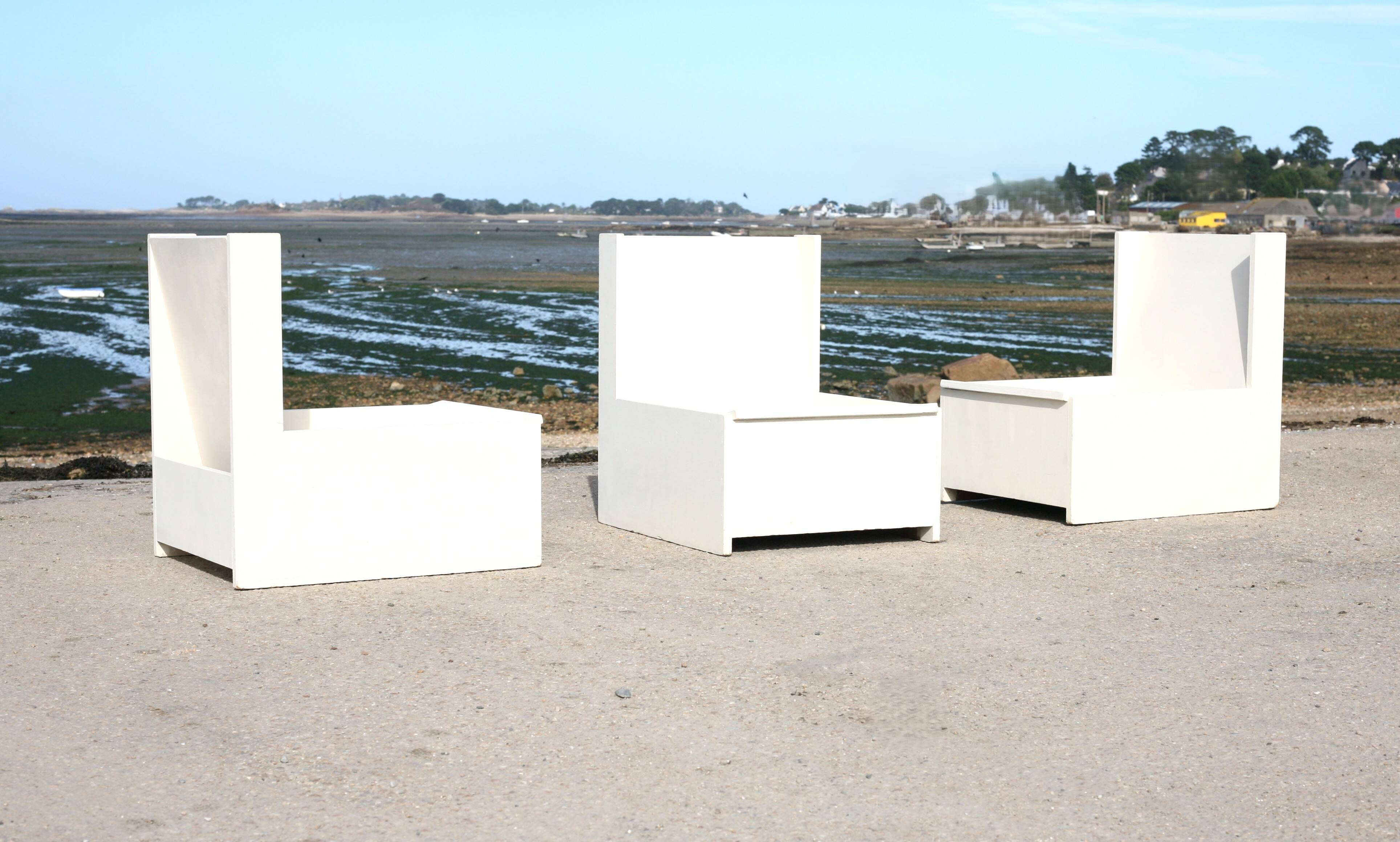 set de 3 fauteuils brutalistes, boit peint, années 60