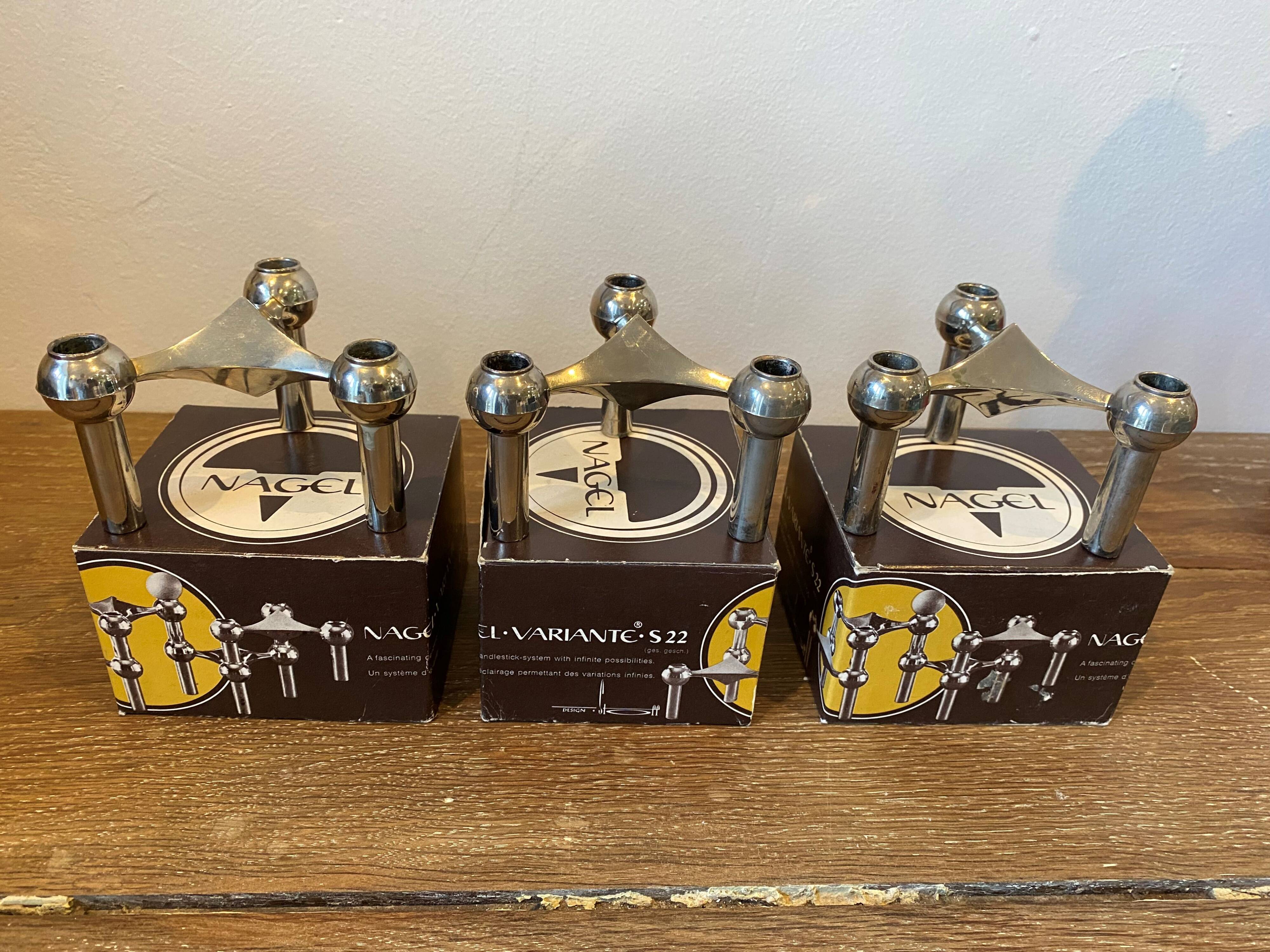 Series of 3 nagel s22 modular candlesticks with their original vintage box 1970