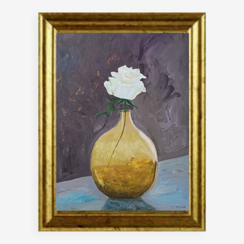 Tableau, Rose blanche au vase ocre translucide