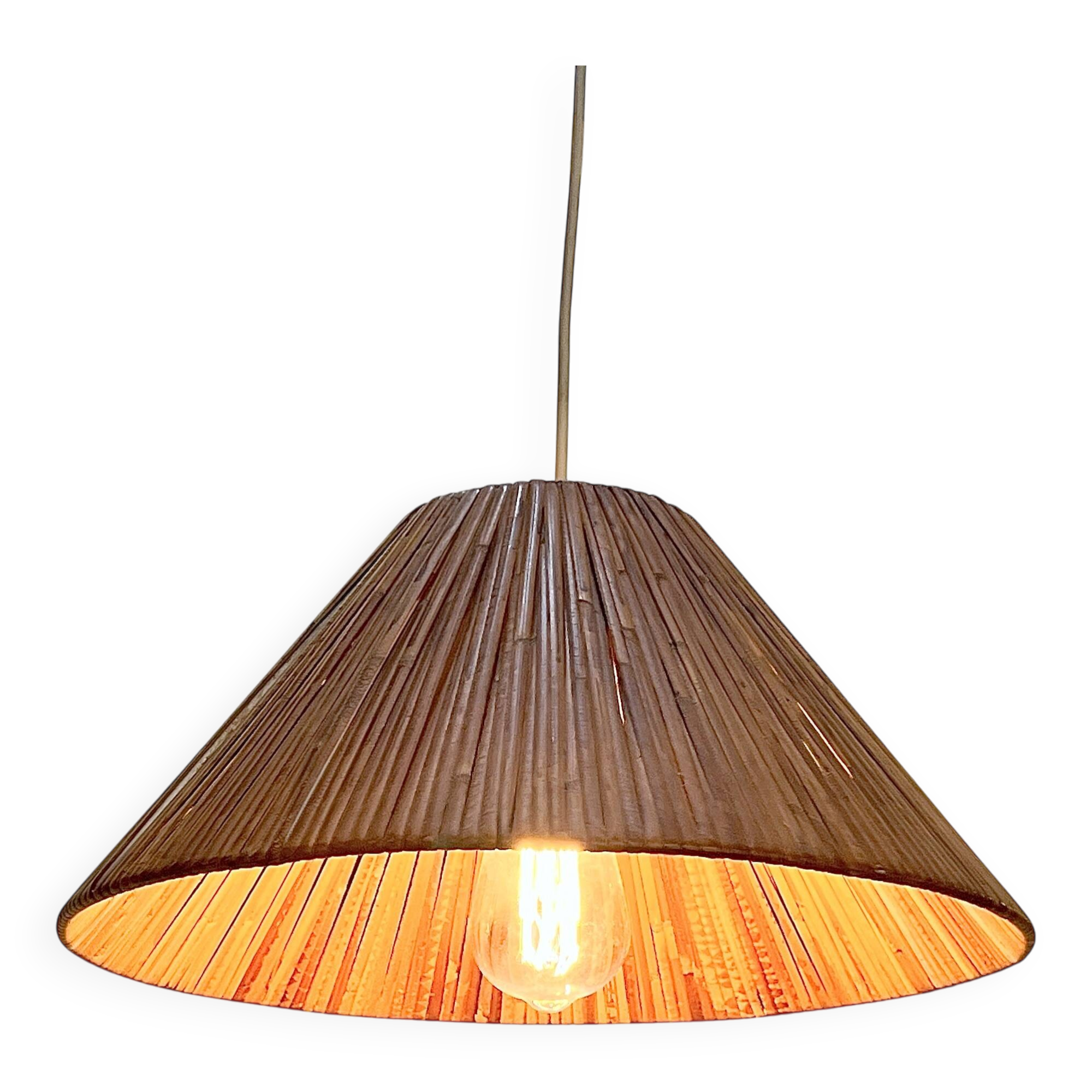 Vintage wicker or rattan conical pendant light from the 70s and 80s, bohemian chic