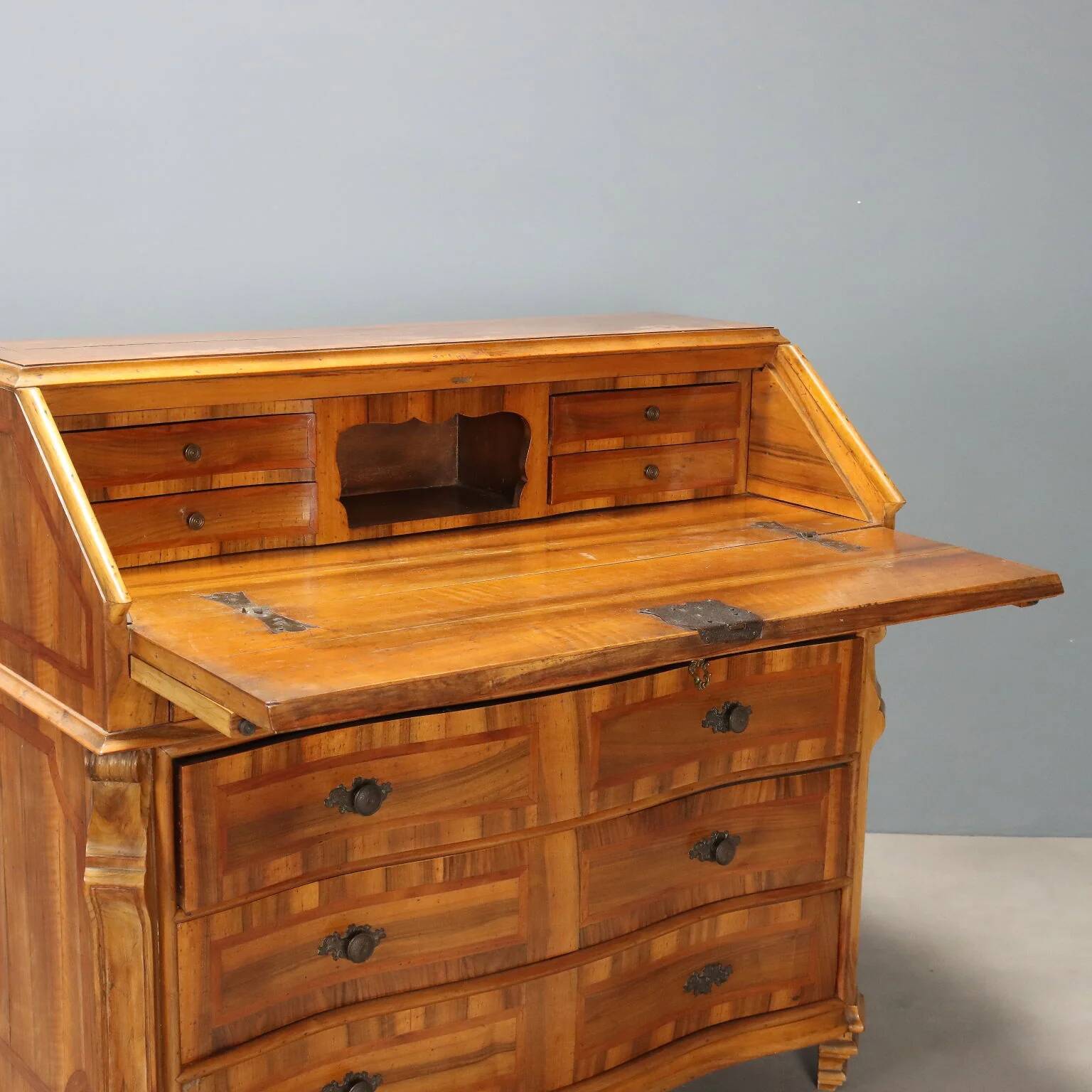 Antique cherry wood cabinet with drop-down front, 3 drawers, Italy, 20th century.