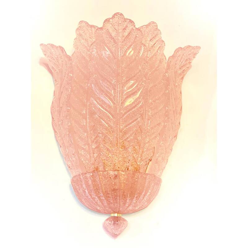 Contemporary Pink Murano Glass Leaf Wall Sconces - a Pair