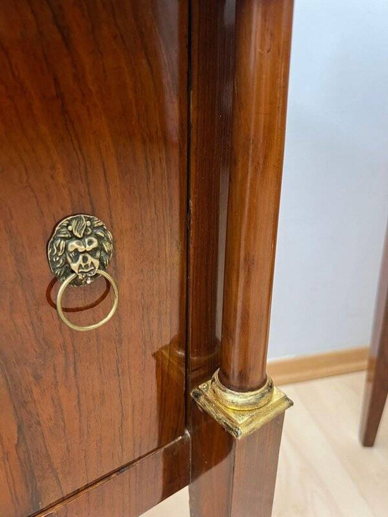 Empire Nightstands in Walnut with Full Columns in Gilt Brass, Italy, 1810, Set of 2