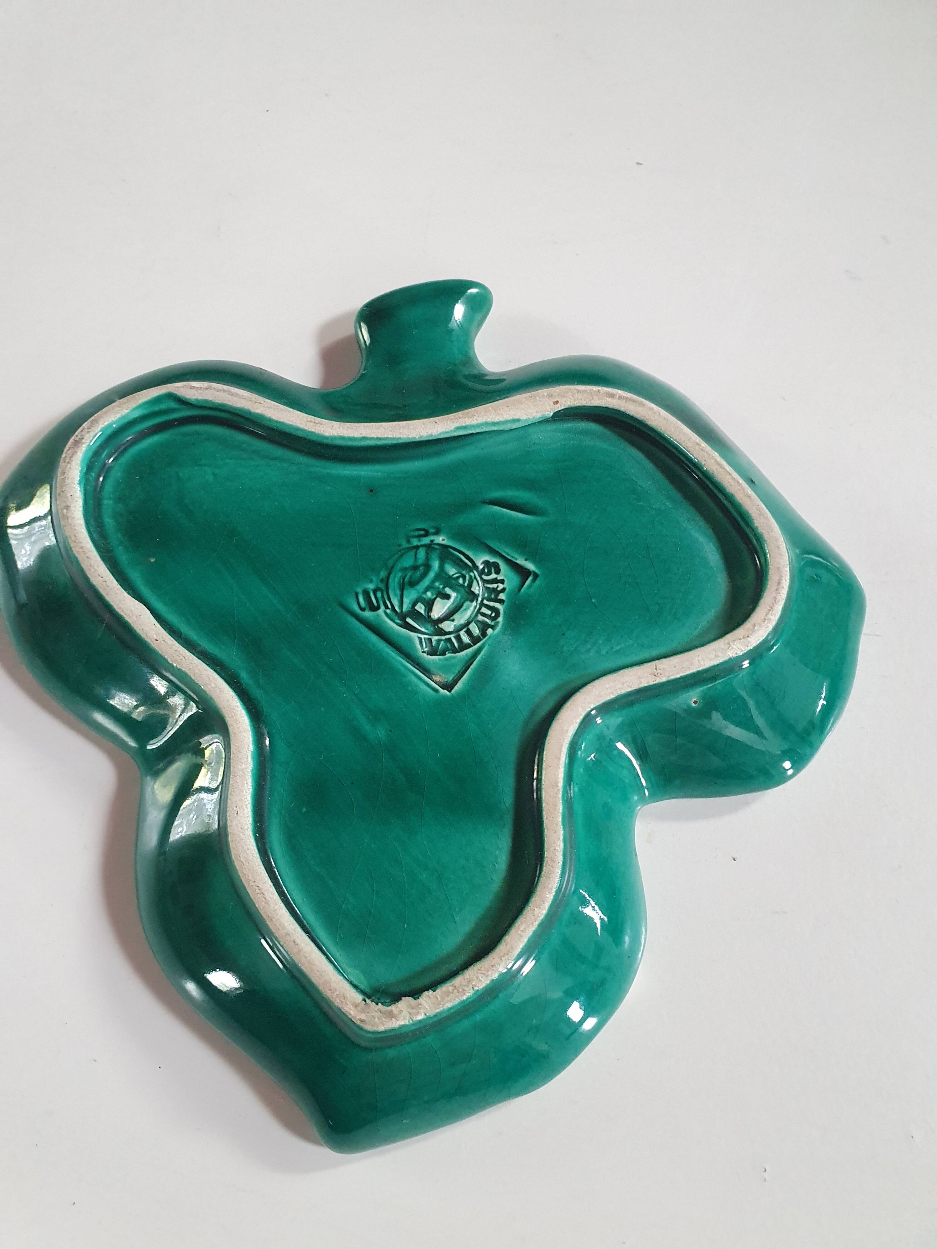 empty pocket cup leaf shape green ceramic slip, some chips on one edge