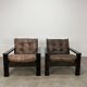 Living room sofa and brutalist armchairs in leather and wood, 70s, chalet style